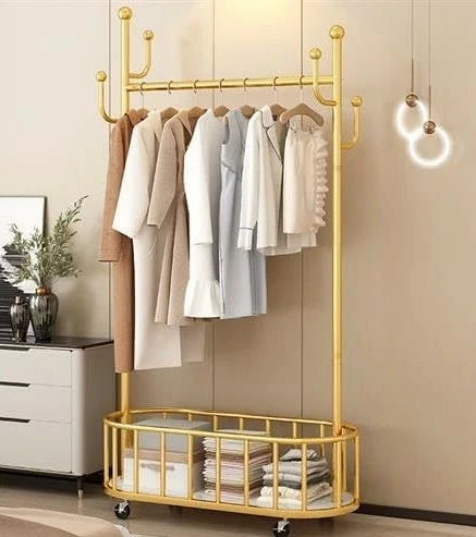 Portable Heavy Duty Clothes Hanging Rack with Bottom Storage Basket