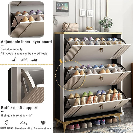 Shoe Cabinet with 3 Flip Drawers,Modern Slim Hidden Shoes Storage Organizer and Free Standing Tipping Bucket Shoe Rack Narrowwith Door for Entryway White