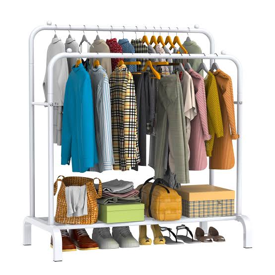 Double Pole Cloth Rack With Hooks And Bottom Single Layer Storage Cloth Rack, White Colour