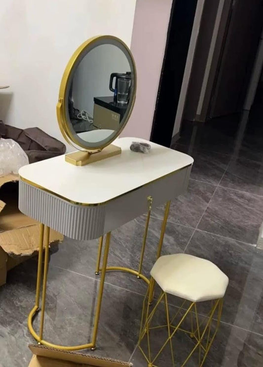 Vanity Desk With LED Lights Mirror, Dressing Table And Cushioned Stool Set, Makeup Vanity Table With 3-Color Adjustable Touch Light, For Bedroom Small Spaces