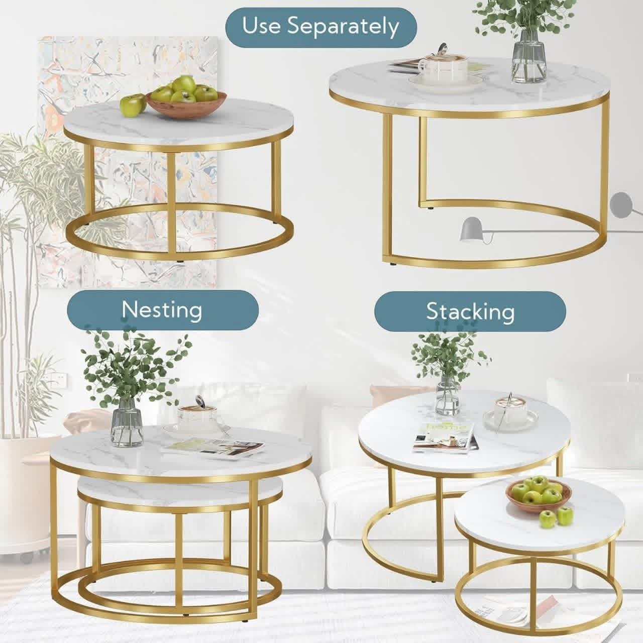 2 in 1 Marble Texture Coffee Table, Round Combination Home Furniture,