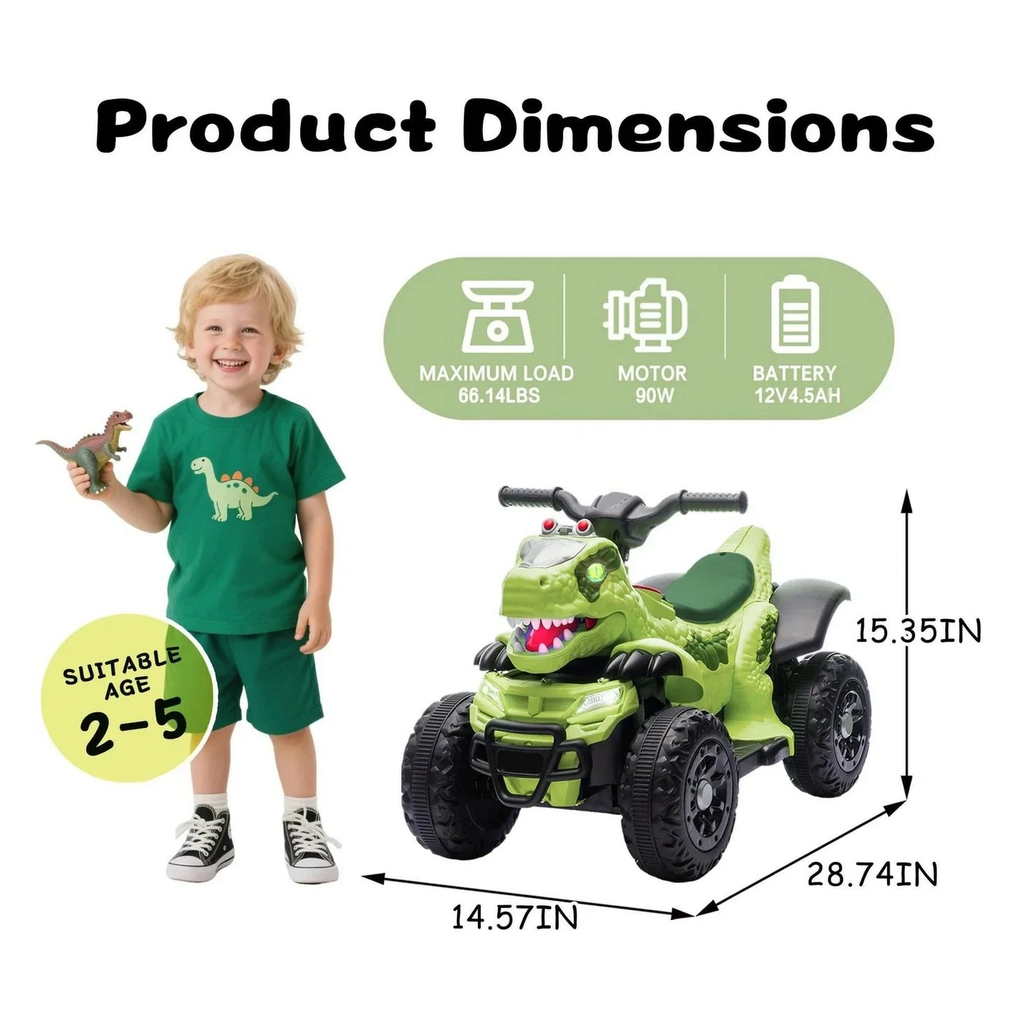 Kids Premium 12V Dinosaur Electric ATV Bluetooth & LED Lights