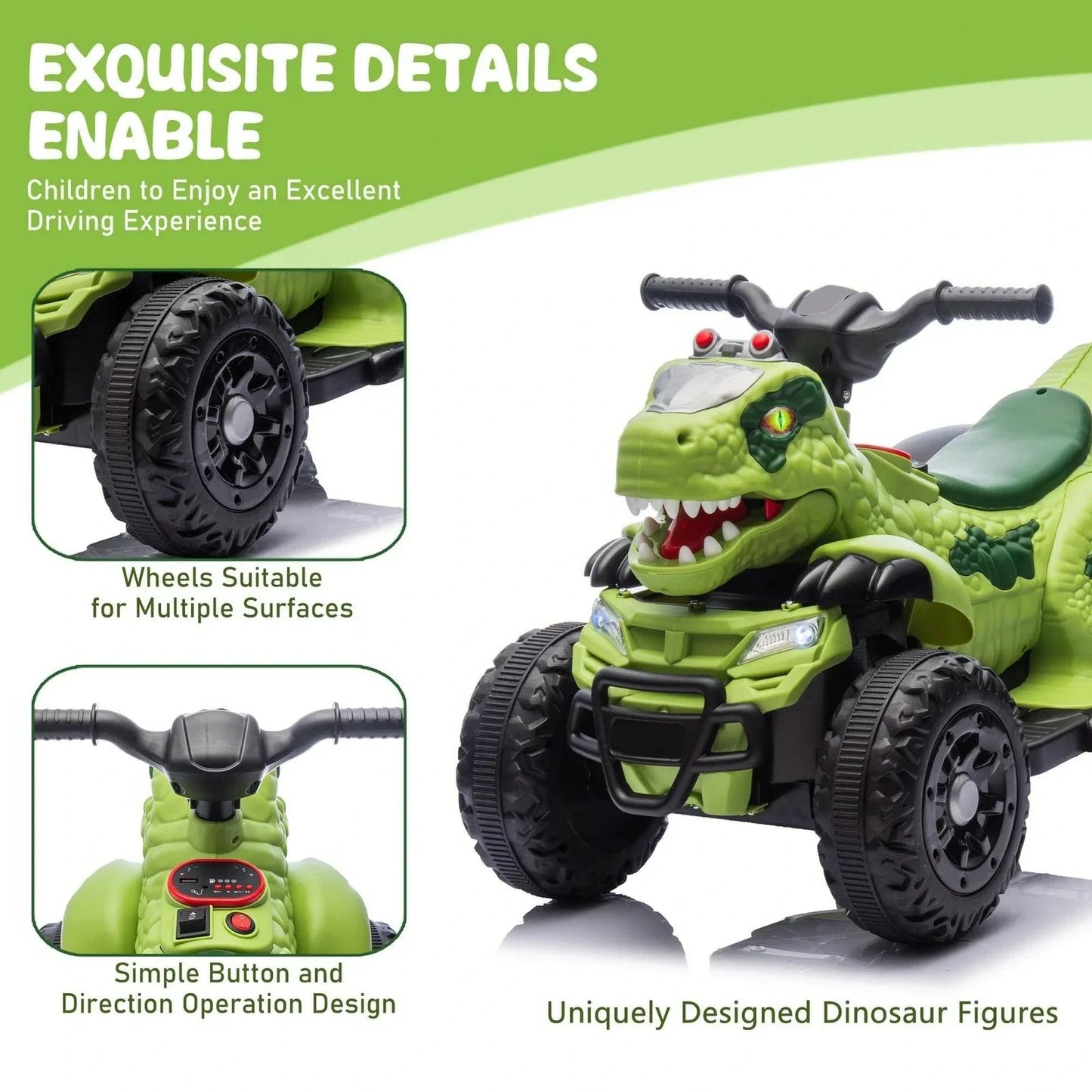 Kids Premium 12V Dinosaur Electric ATV Bluetooth & LED Lights