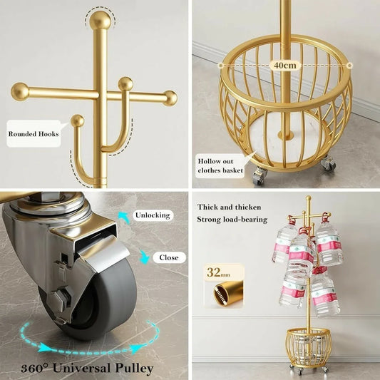 Modern Rolling Coat Rack with Storage Basket and Rounded Hooks