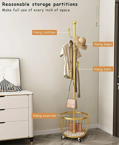 Modern Rolling Coat Rack with Storage Basket and Rounded Hooks