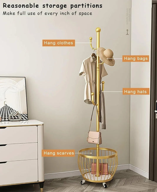 Modern Rolling Coat Rack with Storage Basket and Rounded Hooks