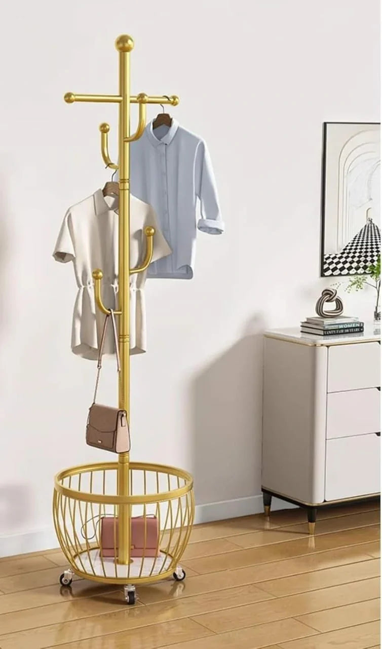 Modern Rolling Coat Rack with Storage Basket and Rounded Hooks