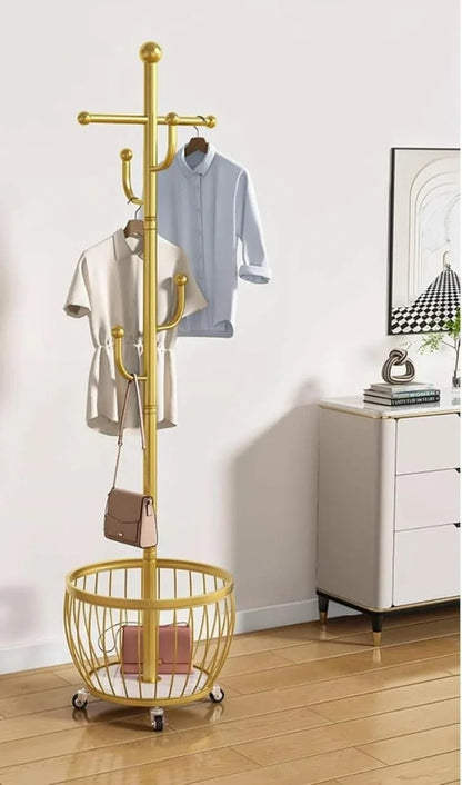 Modern Rolling Coat Rack with Storage Basket and Rounded Hooks