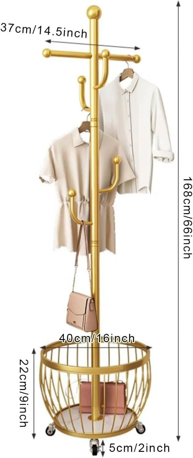 Modern Rolling Coat Rack with Storage Basket and Rounded Hooks