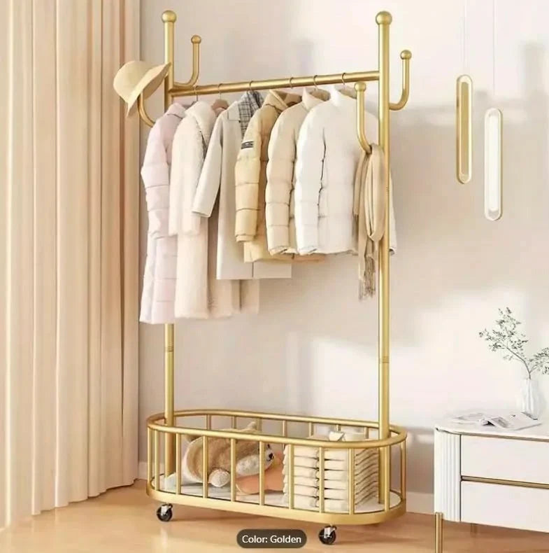 Portable Heavy Duty Clothes Hanging Rack with Bottom Storage Basket