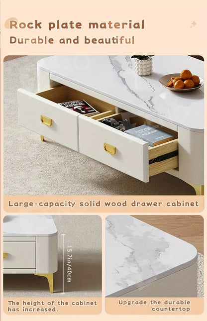 Modern rectangular coffee table featuring a white faux-marble tabletop, orange upholstered storage drawers, and gold legs