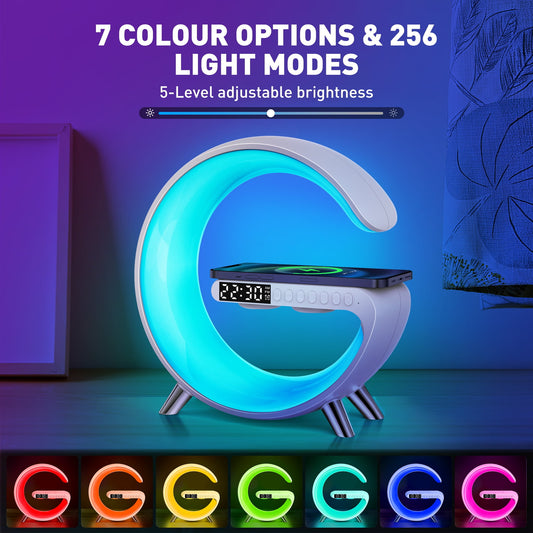 GPED Wireless Charging & LED Table Lamp, Bluetooth Speaker & FM Radio, 4 in 1 Dimmable Night Light Touch Lamp Clock W/ LED Display