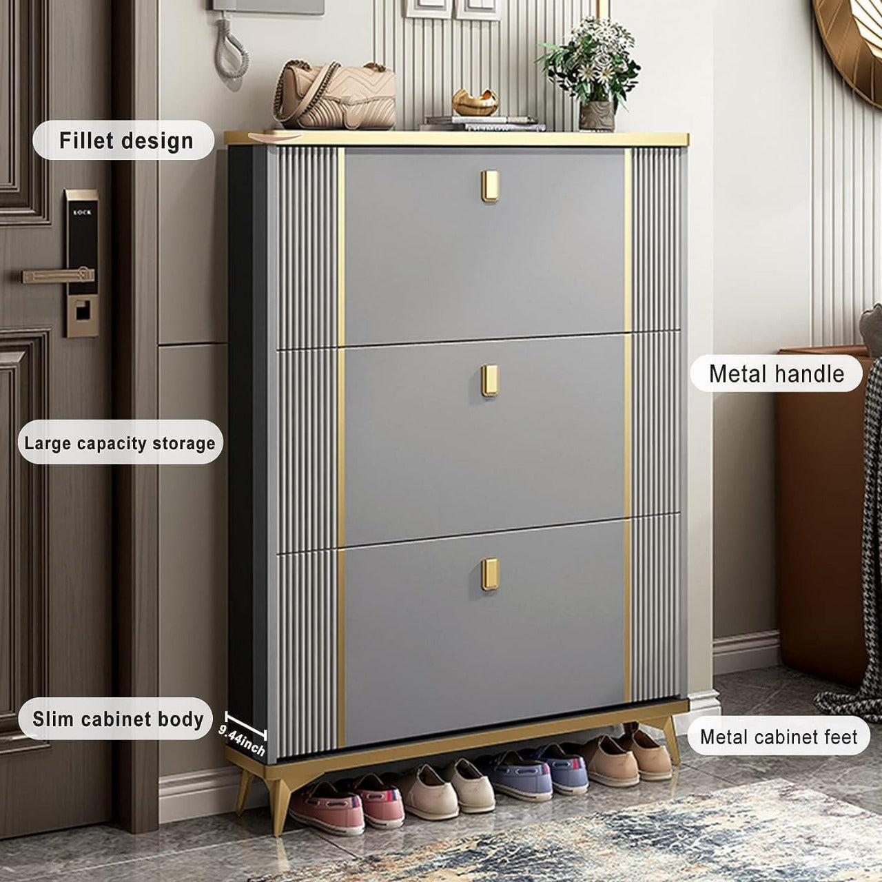Shoe Cabinet with 3 Flip Drawers,Modern Slim Hidden Shoes Storage Organizer and Free Standing Tipping Bucket Shoe Rack Narrowwith Door for Entryway White