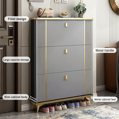 Shoe Cabinet with 3 Flip Drawers,Modern Slim Hidden Shoes Storage Organizer and Free Standing Tipping Bucket Shoe Rack Narrowwith Door for Entryway White