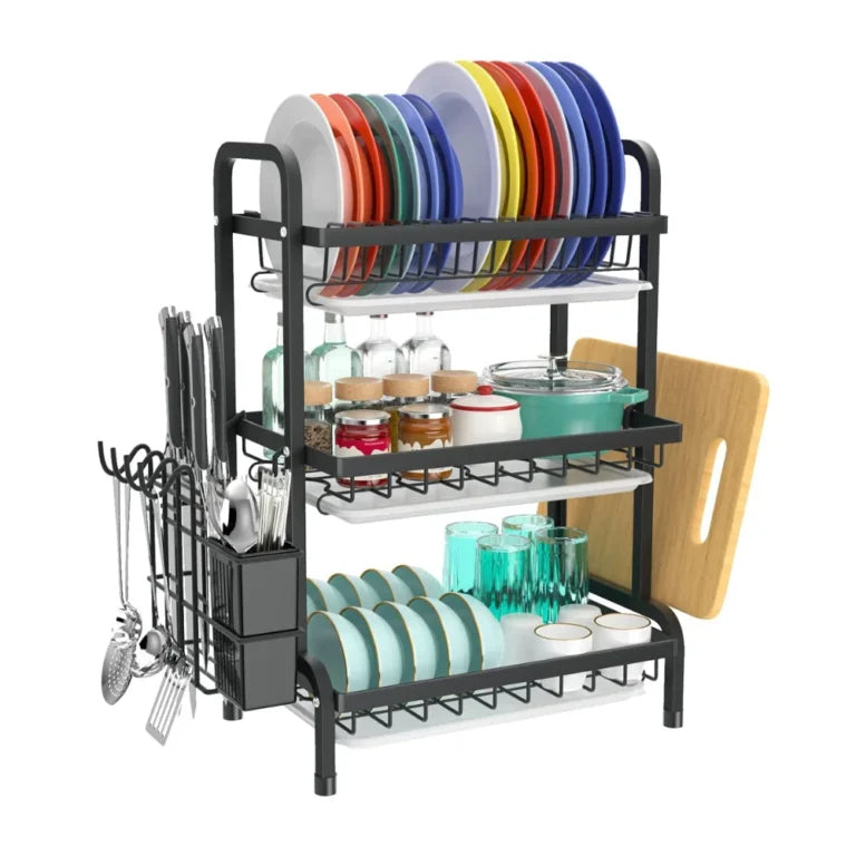 3-TIER DISH RACK WITH UTENSIL HOLDER AND CUTTING BOARD HOLDER