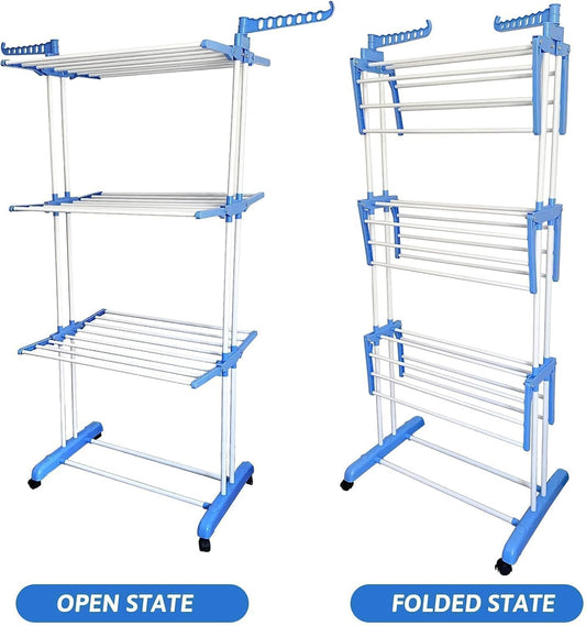Three Layer Cloth Rack with Stainless Steel Rods and 360-Degree Chrome Hook for Small Spaces
