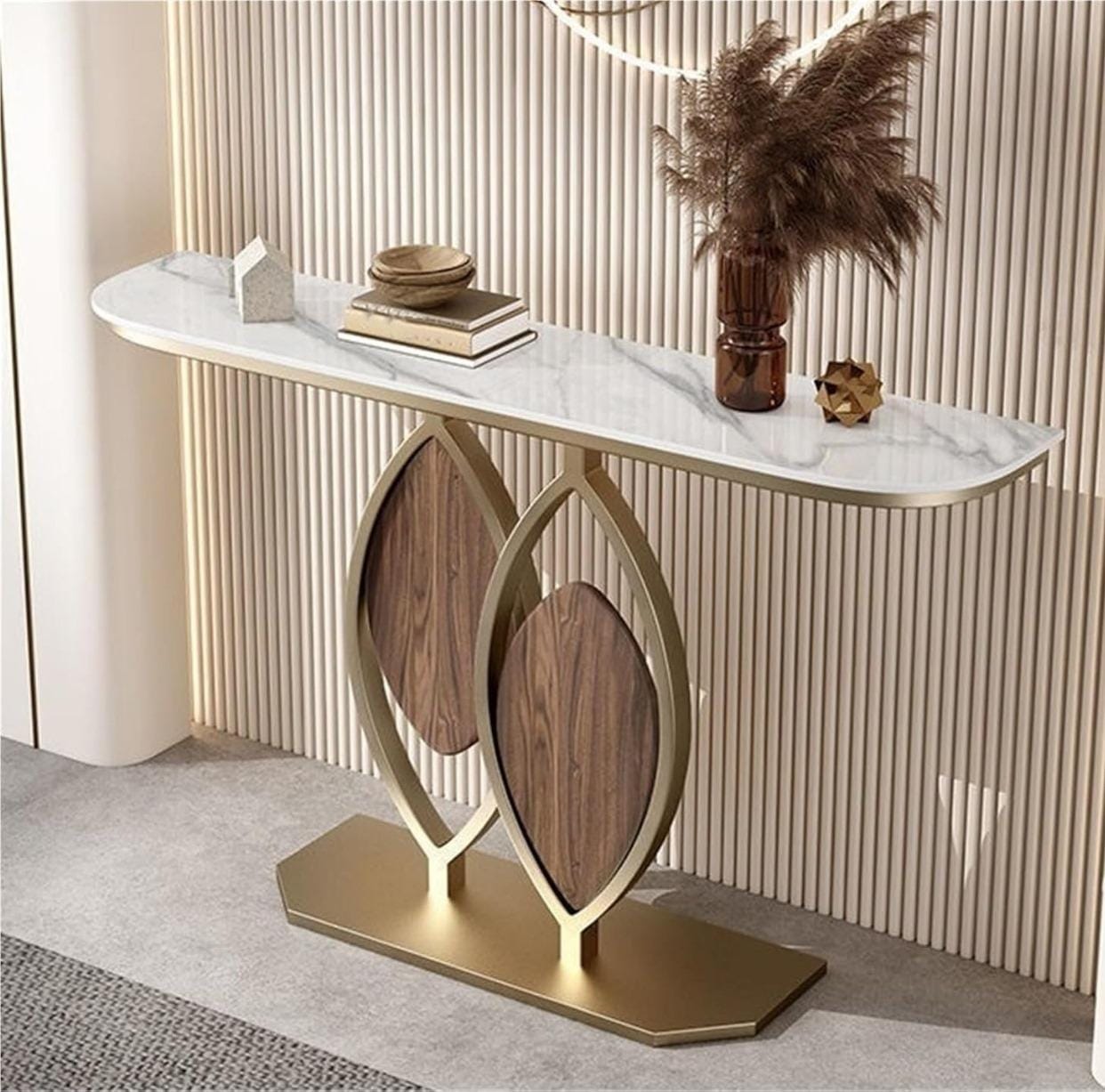 Original marble Console Table: White Entryway Table with Golden Frame - Luxurious Narrow Sofa Side Table - Long Table for Hallway Corridor