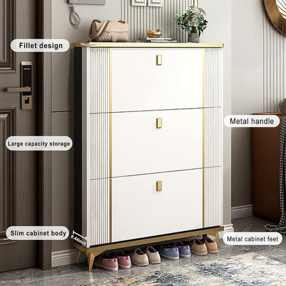 Shoe Cabinet with 3 Flip Drawers,Modern Slim Hidden Shoes Storage Organizer and Free Standing Tipping Bucket Shoe Rack Narrowwith Door for Entryway White