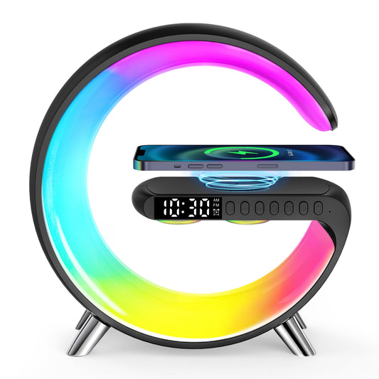GPED Wireless Charging & LED Table Lamp, Bluetooth Speaker & FM Radio, 4 in 1 Dimmable Night Light Touch Lamp Clock W/ LED Display
