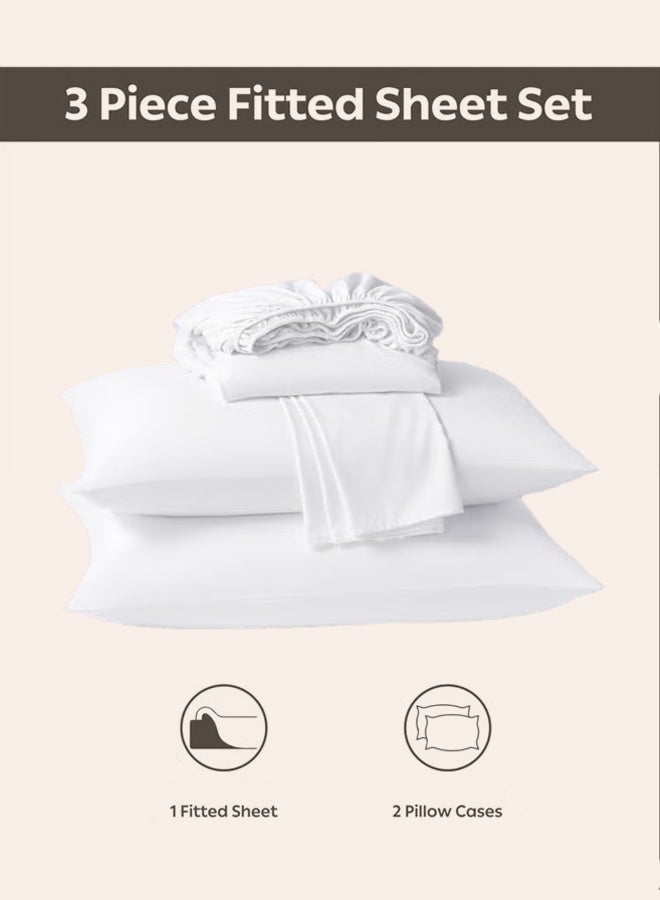 3-Piece White Microfiber Fitted Bedsheet Set Includes 1 Deep-Pocket Sheet for a Snug Fit and 2 Pillow Covers Available in King, Queen and Single Sizes
