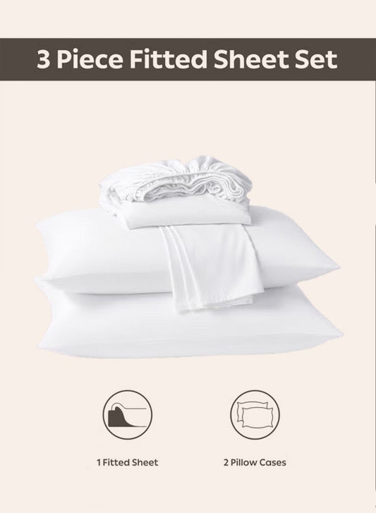 3-Piece White Microfiber Fitted Bedsheet Set Includes 1 Deep-Pocket Sheet for a Snug Fit and 2 Pillow Covers Available in King, Queen and Single Sizes