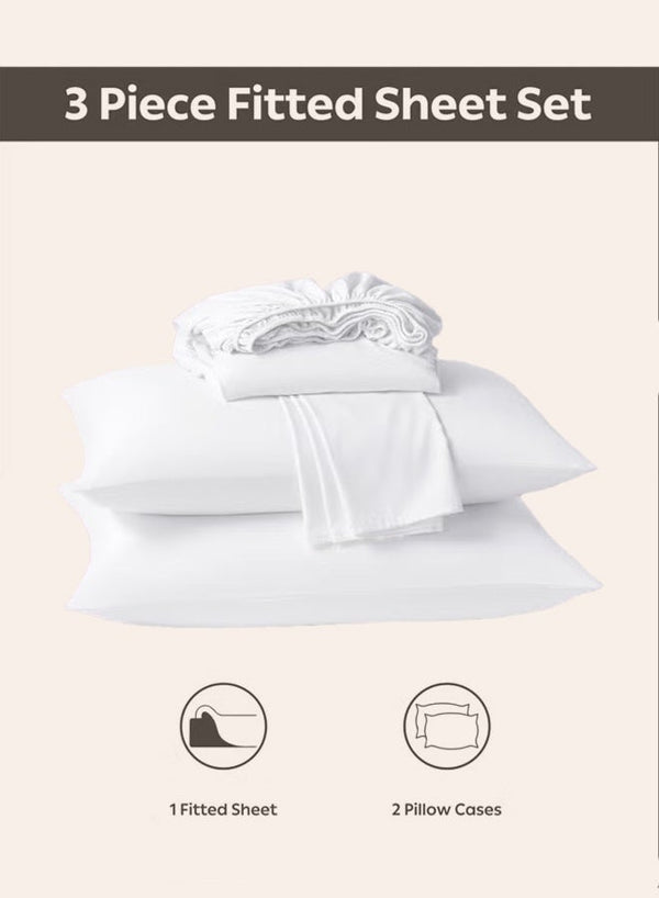 3-Piece White Microfiber Fitted Bedsheet Set Includes 1 Deep-Pocket Sheet for a Snug Fit and 2 Pillow Covers Available in King, Queen and Single Sizes