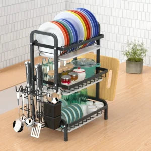 3-TIER DISH RACK WITH UTENSIL HOLDER AND CUTTING BOARD HOLDER