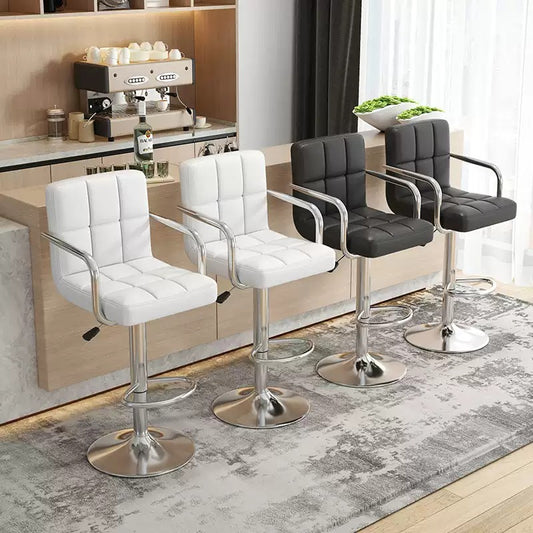 Modern Height Adjustable Bar Stool, PU Leather Swivel Counter Chair with Back Support, 360 Degree Rotation, Hydraulic Lift, White Cushioned Seat for Kitchen Island