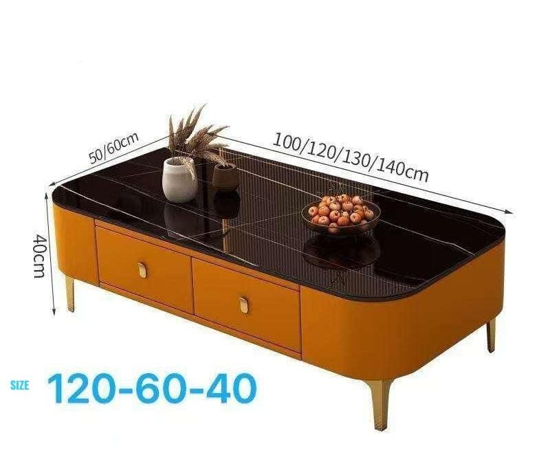 Modern rectangular coffee table featuring a white faux-marble tabletop, orange upholstered storage drawers, and gold legs