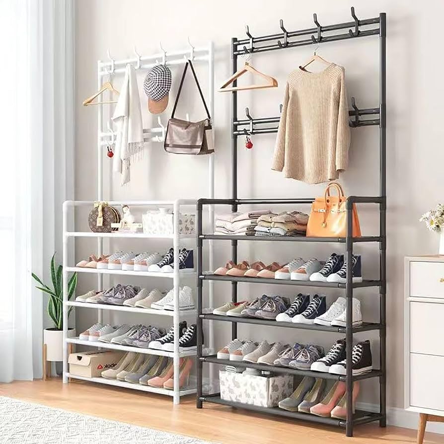 CLOTH AND COAT HANGER, SHOE RACK, 5 TIER MULTIFUNCTIONAL STORAGE ORGANIZER, FLOOR RACK