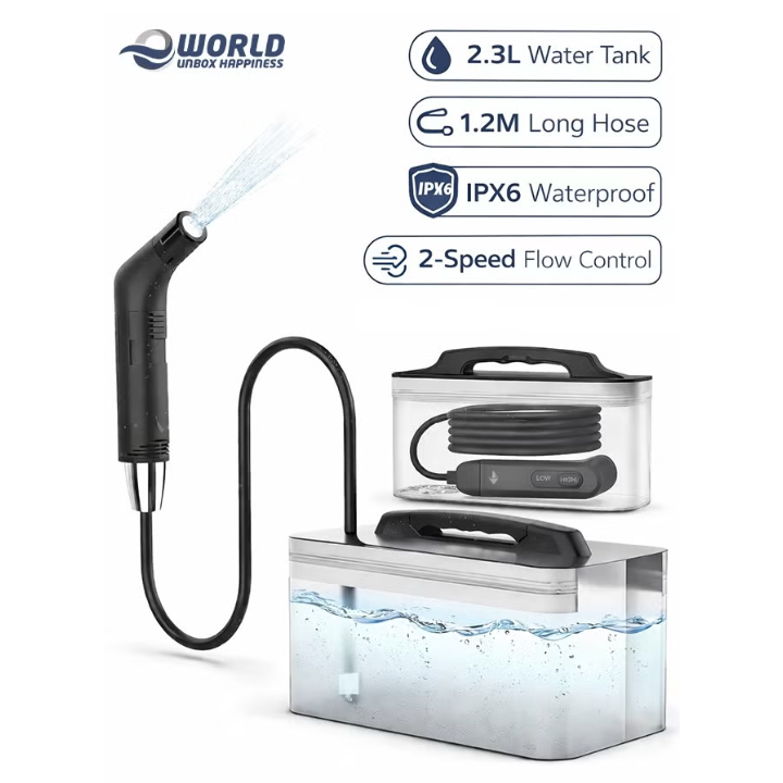 Portable Travel Bidet Shattaf with 2.3L Water Tank – Handheld Muslim Toilet Bidet Sprayer, 2-Speed Flow Control, 1.2M Long Hose, IPX6 Waterproof