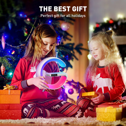 GPED Wireless Charging & LED Table Lamp, Bluetooth Speaker & FM Radio, 4 in 1 Dimmable Night Light Touch Lamp Clock W/ LED Display