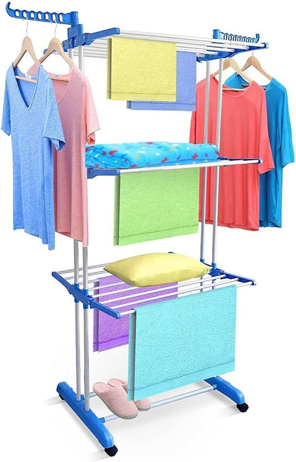 Three Layer Cloth Rack with Stainless Steel Rods and 360-Degree Chrome Hook for Small Spaces