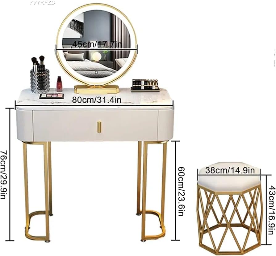 Vanity Desk With LED Lights Mirror, Dressing Table And Cushioned Stool Set, Makeup Vanity Table With 3-Color Adjustable Touch Light, For Bedroom Small Spaces