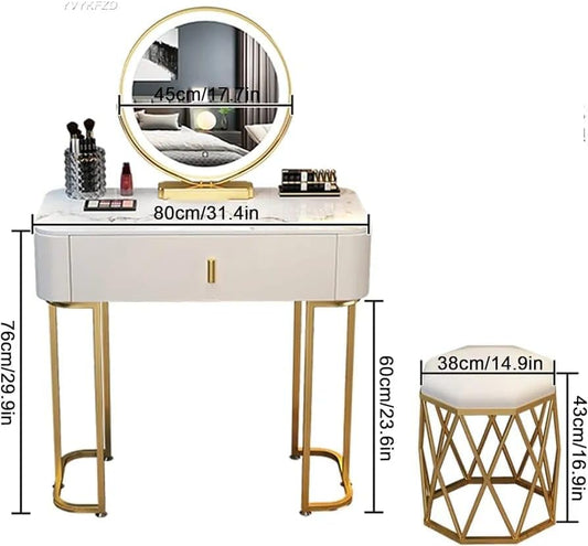 Vanity Desk With LED Lights Mirror, Dressing Table And Cushioned Stool Set, Makeup Vanity Table With 3-Color Adjustable Touch Light, For Bedroom Small Spaces