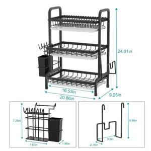 3-TIER DISH RACK WITH UTENSIL HOLDER AND CUTTING BOARD HOLDER
