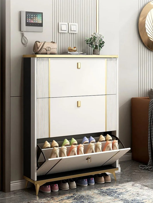 Shoe Cabinet with 3 Flip Drawers,Modern Slim Hidden Shoes Storage Organizer and Free Standing Tipping Bucket Shoe Rack Narrowwith Door for Entryway White